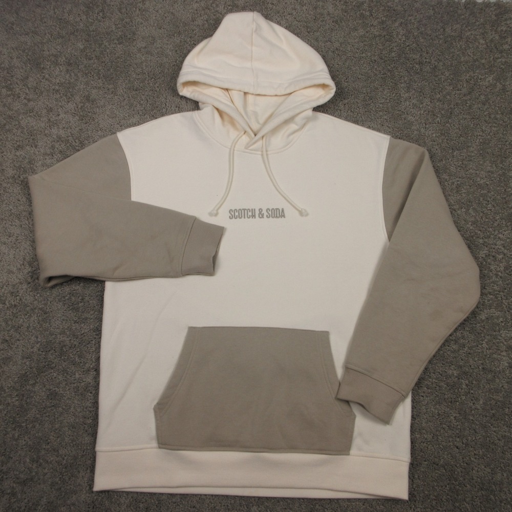 Scotch & Soda Sweater Mens XL Beige Cream Fleece Pullover Hoodie Sweatshirt Logo